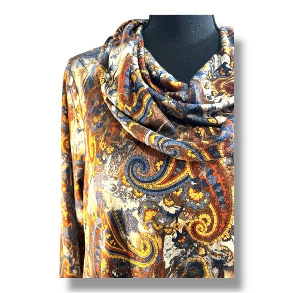 INTRO Brown Blue Gold Rust Paisley Cowl Neck Tunic  Hi Lo Long Sleeve Top NWT M - Picture 3 of 14